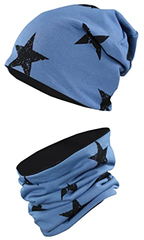 TupTam Unisex Kinder Beanie Mütze Schlauchschal Set, Farbe: Sterne Schwarz/Jeans, Größe: 54-56