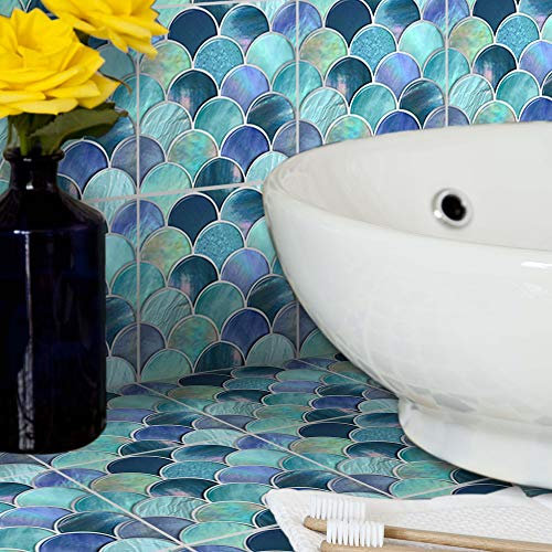 Floor Wall Tile Transfers Sticker for Home Decor, Peel & Stick self-Adhesive splashback, Tile Decals for Living Room Kitchen Bathroom Decor,15cmX15cmX 10 Pcs, Pearly Fish Scale Mosaic Tile Sticker