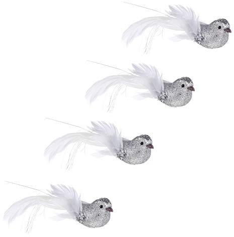 STOBOK Künstliche Vögel mit Clip Schaum Künstliche Feder Silber Vögel Glitzer 14CM Hochzeit Valentinstag Geburtstagsfeier Party Festival Garten Baum Dekoration 4 Stück