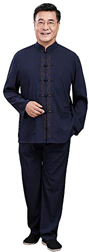 G-LIKE Herren Frühling Herbst Anzug - Traditionelle Chinesische Bestickte Kleidung Kampfkunst Tai Chi Kung Fu Trainingsanzug Langarm Jacke Hose Uniform für Männer – Baumwolle Leinen (Schwarzblau, XXL)