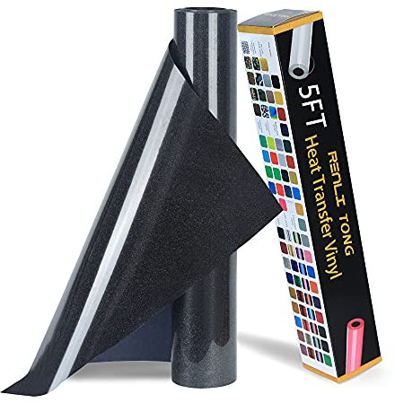 RENLITONG Black Glitter HTV Heat Transfer Vinyl Rolls - 12 Inch x 5 feet Iron on Vinyl for T-Shirt and Silhouette, Easy to Cut & Weed for Heat Transfer Design (Glitter Black)