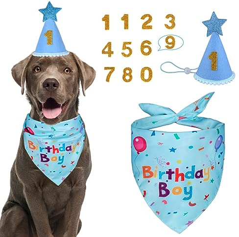 Yicostar Dog Birthday Party Supplies, Dog Birthday Bandana Set, Dog Boy Girl Birthday Party Hat with Numbers for Large Medium Small Dogs Pet (Blue)