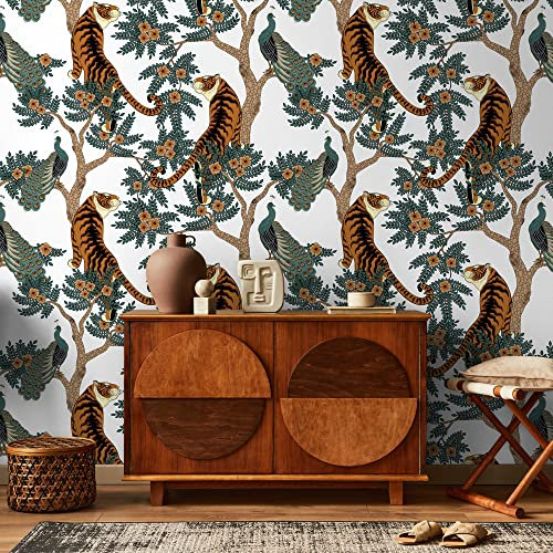 CPF0003-N TNT Tiger & Peacock Vliestapete selbstklebend, 8 Blatt 100 x 70 cm horizontal Format 200 x 280 cm Deckung 5,6 m² Kinderleichte Anwendung für Anfänger Bad Küche Schlafzimmer