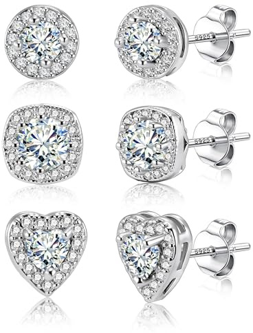 ALEXCRAFT Sterling Silver Halo Stud Earrings for Women Cubic Zirconia Round Heart Square Diamond Large Silver Studs Set Earring for Men 3 Pairs