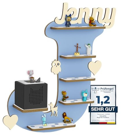 Holzura Tonie Regal für Toniebox, Toniebox Regal personalisiert mit Name und Holzsymbolen, Tonie Aufbewahrung (Buchstabe J)