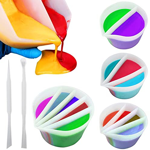 4 Stück geteilte Becher zum Ausgießen von Farben + 2 Stück Rührstab, Silikonfarbe Pour Cup Resin mit 2-5 Kanälen Trennwänden Ausgießen Malwerkzeuge für DIY-Herstellung Zubehör Flüssigkeit Kunst