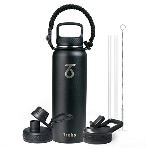 Stainless Steel Water Bottle 1.2L, Trebo Insulated Water Bottle Double with Paracord Handle Sports Bottle Wide Mouth Keep Cold 48 Hours Insulated Water Bottle with 3 Lids, Black