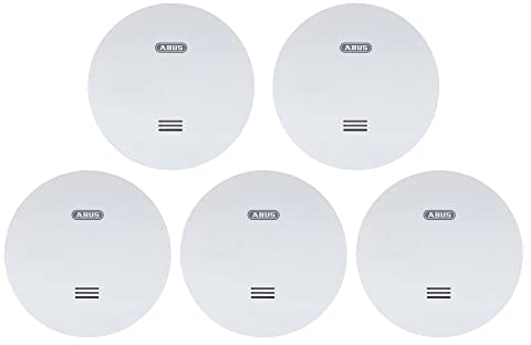 ABUS Flacher Rauchmelder RWM160 - mit 10-Jahres-Batterie - Q-Label und DIN EN 14604 geprüft - Blinken bei Nacht reduziert - Weiß -5er Set