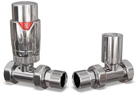 UK Radiators Chrome Thermostatic Radiator Valve and Straight Lockshield Valve - Polished Chrome Finish - Classy and Modern Design 1/2 x 15mm Straight Radiator Valve
