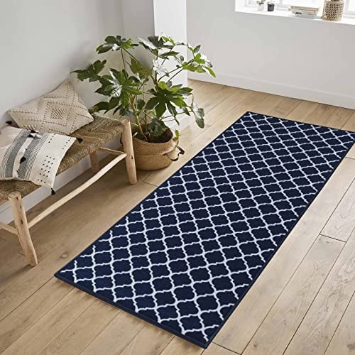 Havana Washable Non-Slip Indoor Runner Mat, Trellis, Navy, 67x220cm