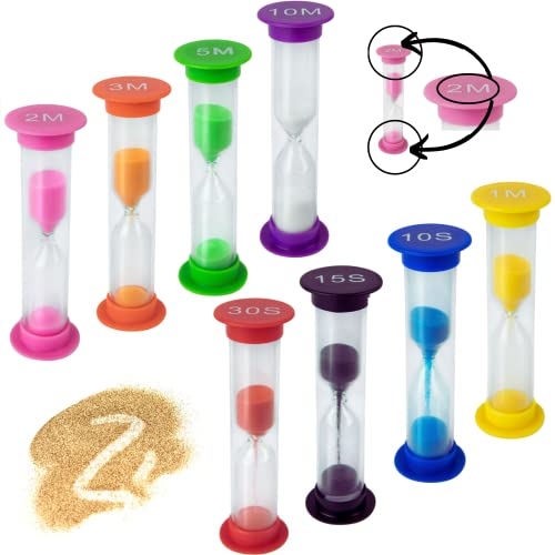 Sablier enfants (8 unités) - Montres de sable pour enfants - Montres de sable de différentes époques : 10m-5m-3m-2m-1m-30s-15s-10s - Horloge sable pour enfants - Montres sable - Montres sable pour