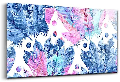 Wallfluent 100x50 cm Malerei an der Wand Zwei Anhänger Modern Fotografie Glasbild - Farbenfrohe Federn