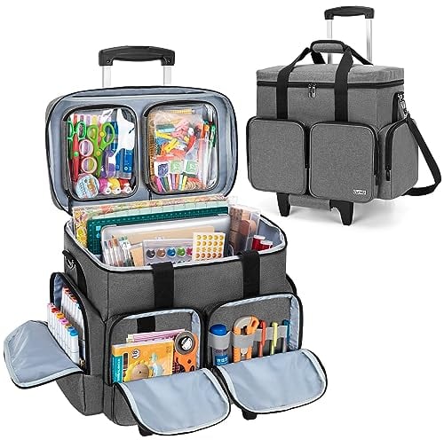 CURMIO Rolling Scrapbook Tote with Padded Laptop Sleeve, Wheeled Scrapbook Supplies Storage Bag with Detachable Trolley and Bottom Wooden Board, Rolling Craft Bag for Scrapbooking Supplies, Grey