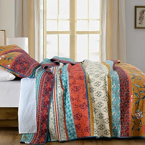 SahSahCasa 100% Cotton Quilt King Size, King Quilt Set, Vintage Boho Reversible Quilt Bedding Set, Lightweight Comforter Bed Spread, Red/Spa Green/Mute Yellow, 3pcs