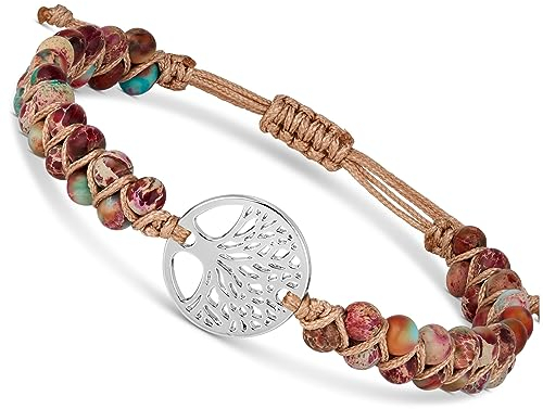 BENAVA Damen Yoga Armband Jaspis Edelstein Perlen mit Lebensbaum Anhänger Mehrere Farben | Edelstein Armband Meditation | 16-24 cm
