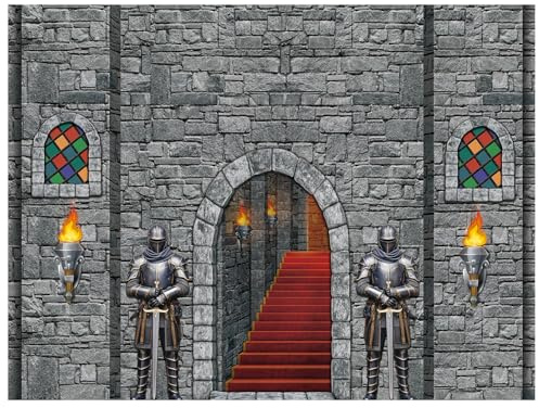 VitalCozy Medieval Party Backdrop Decorations 8 x 6ft Halloween Vintage Castle Backdrop Arched Door Window Knight Photography Polyester Photo Stone Wall Background Prop for Medieval Party Supplies