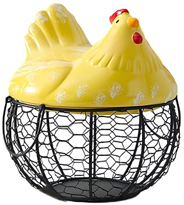 kawehiop Ceramic Hen Ornament With Large Storage Capacity For Metal Chicken Shape Iron Basket Egg Holder, yellow
