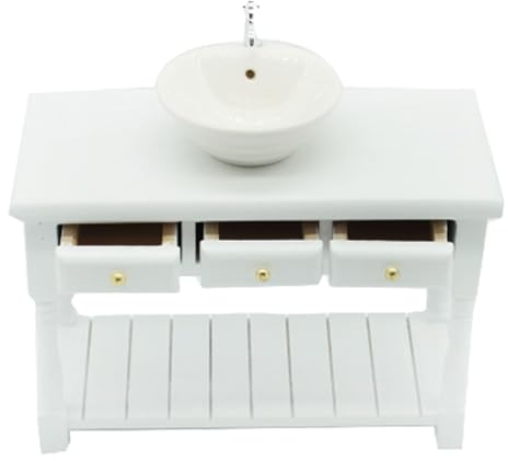 Weduspaty Puppen Hausmöbel 1:12 Puppenhaus Holz Washin Becken Runde Dollhouse Bad Waschbecken mit Waschbecken Miniatur Badezimmer Tisch Waschbecken Modell für Puppenhaus weiße Weihnachtsdekorationen