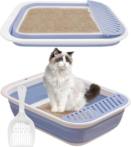 Arenero para Gatos Grande Con Pala, Caja de Arena Plana Plegable, Entrada Baja, Inodoro de Viaje Con Pedal de Arena Que Cae para Gatos Mayores