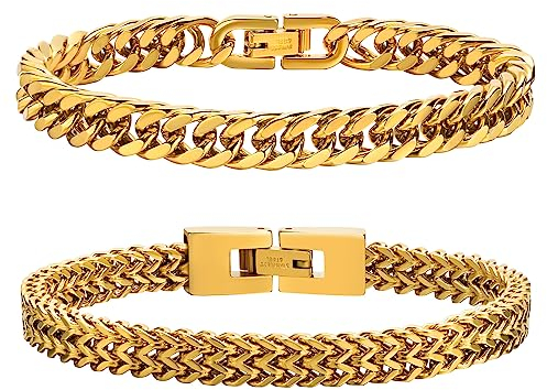 Herren Armband Edelstahl Armbänder Panzerkette - 2 Stücke Gold Herrenarmbänder für Männer Jungs Kubanische Armband 8mm Breite 23cm Länge Geschenke für Papa Sohn Bruder Ehemann Freundschaft