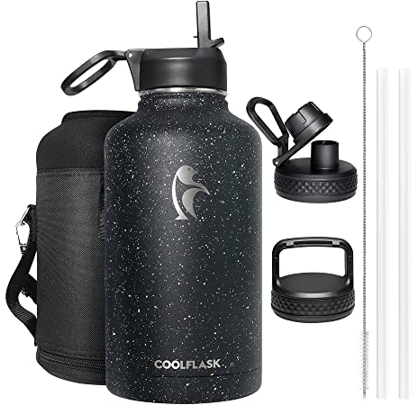 Coolflask Borraccia Isolata 2L, Grande con Cannuccia e 3 Coperchi, Sottovuoto in Acciaio Inox per Palestra, Sport e Viaggi, Nero Stellato