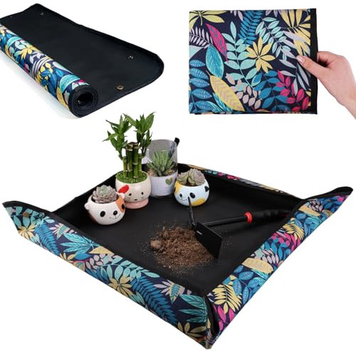 Repotting Mat for Indoor Plant Transplanting & Potting Soil Mess Control, Foldable Waterproof Oxford Fabric Potting Mat, Flower Printed Planting Tray, Gardening Gifts for Plant Lovers (29.5x29.5)