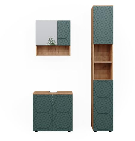 Vicco Badmöbel-Set Irma, Goldkraft Eiche/Grün, 3 Teile, mit Hochschrank