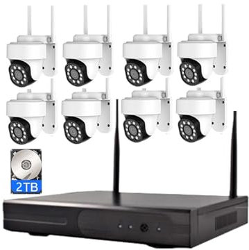 YFAFAMM 5MP Wireless WiFi Security Camera Kit with 8 PTZ Cameras, HD Outdoor Surveillance Camera System with Two-Way Audio, Remote Viewing, with 2T Hard Drive