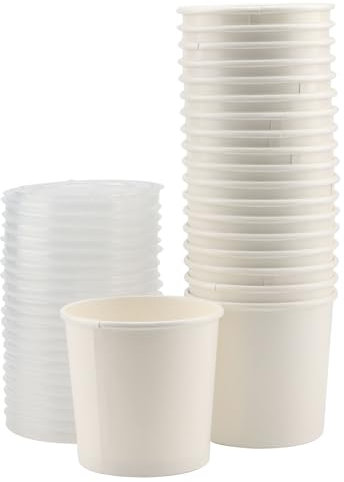 CHUENKUK 60 Stück 12 OZ suppenbecher, 350ml suppenbecher mit deckel, Bio Pappbecher für Eisbecher Pappe, Dessert, Fingerfood, Vorspeisen, Snacks, 96 x 82 x 68 mm, Weiß