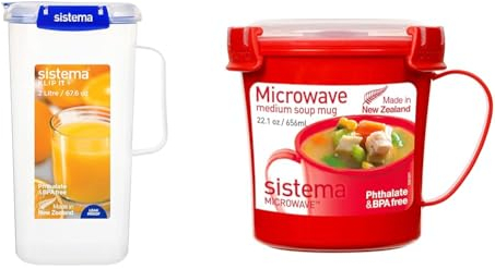 Sistema Pichet, Clair, 2 L & Microwave mug à soupe micro-ondable pour soupe, ragoût, nouilles et boissons chaudes, moyen modèle 656 ml, rouge/transparent