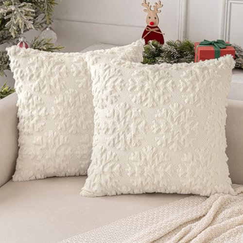 MIULEE Weihnachten Kissenbezug Weihnachtstag 2er Set Kurz Wolle und Samt Kissenbezüge Deko Luxuriöses Winter Zierkissenbezug für Sofa Schlafzimmer Wohnzimmer, Runde Schneeflocken, Creme, 45x45cm