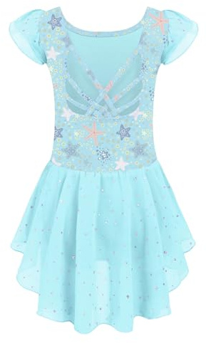 Arshiner Kinder Ballettkleidung Mädchen Ballettkleid Kurzarm Balletttrikot Ballettanzug Tanzkleid Tanzbody aus Baumwolle mit Chiffon Rock Tütü Türkis 120/2-3 Jahre