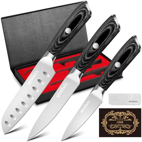 MOSFiATA 3pcs Kitchen Knife Set, Sharp Chef Knife High Carbon German EN1.4116 Stainless Steel Santoku Cooking Knife, Fruit Paring Knife Kitchen Chopping Knives Set with Wooden Handle and Gift Box