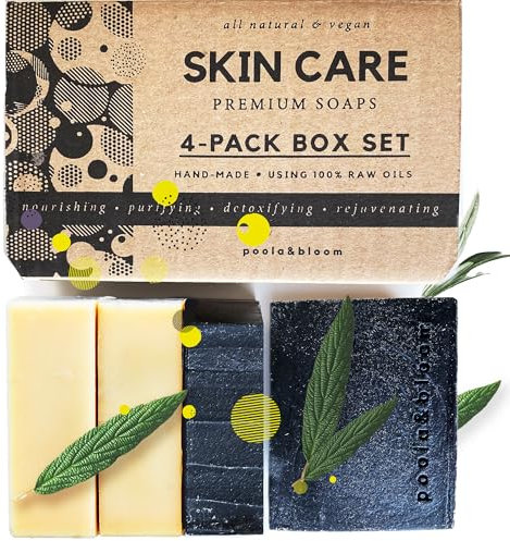 4er Set von Poola & Bloom mit hochwertiger Ziegenmilchseife speziell für Männer Die Seifen enthalten Aktivkohle Pfefferminze und Sheabutter für eine gründliche Reinigung