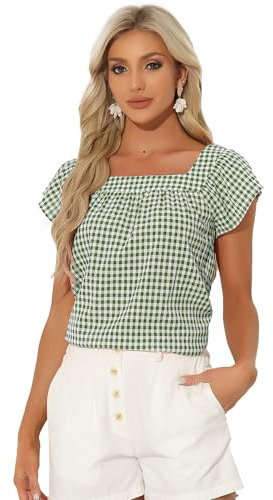 Allegra K Summer Square Neck Gingham Tops for Women's Cap Sleeve Tshirts Blouses Green White L
