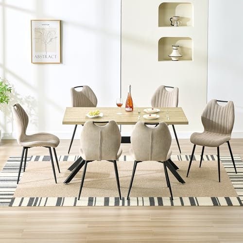 LEWE Esszimmergruppe Esstisch mit 6 Stühlen, 140 x 80 x 76 cm Rechteckig Esstisch aus Holz mit 6 Esszimmerstühle mit Hohe Rückenlehne, Schwarz Eisenbeine, für Küche Esszimmer und Wohnzimmer