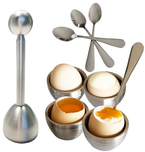 PALAKATE Eierbecher Set, 4 Eierbecher aus Edelstahl, 4 Eierlöffel, 1 Eieröffner, spülmaschinenfest
