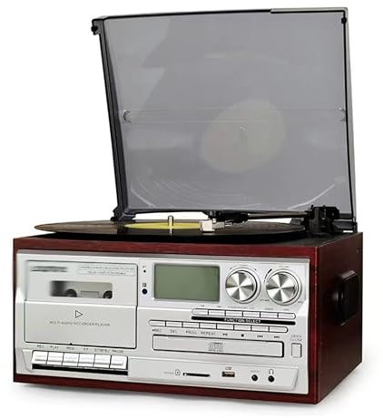 LHQYA Vinyl Record Player, Retro Bluetooth Record Player, CD and Cassette Player with Dust Cover, 3-speed Retro Turntable/built-in Speakers, for Entertainment Center