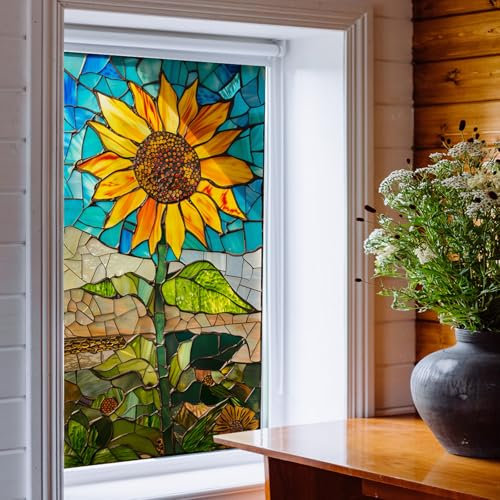 Tanlaby Girasol Pegatina de Ventana Plantas Flores Película de Privacidad para Ventana Estático Vinilos para Cristales Estática Anti-colisión para Salón Dormitorio Decoración de Ventanas, 45x80cm