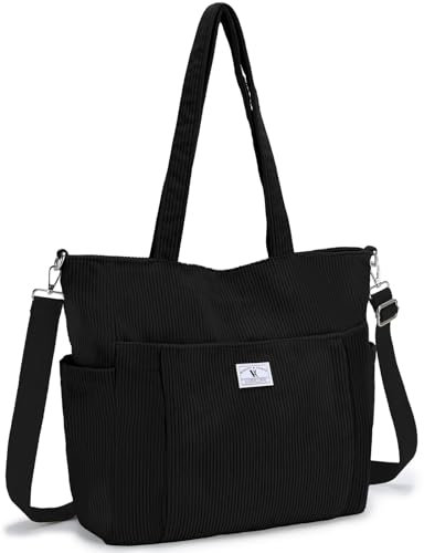 VX VONXURY Tote Bag Cord Umhängetasche Damen Mittelgroß Handtasche Frauen mit Reißverschluss Leichte Shopper für Arbeit Universität Shopping Schwarz