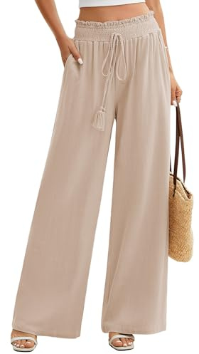 UMIPUBO Linne byxor dam sommar bomull hampa casual breda flödande byxor elegant chic hög midja elastiska byxor lätta joggingbyxor strandbyxor med fickor, XL