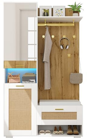 Azkoeesy Garderoben-Set, Flurgarderobe Set, mit Schuhschrank, Sitzbank, Spiegel, 5 Golden Kleiderhaken, LED-Beleuchtung - 110 L x 38 B x 190 H (cm) (Natur + Weiß/Rattan)