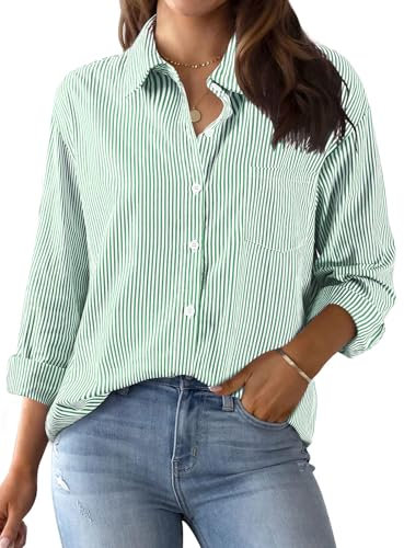 Xnova Women's Striped Button Down Shirts Collared, Classic Cotton Blouse Tops V Neck with Pocket, Long Sleeve Pinstripes Oversized Blouses T-Shirts Office Work Casual (Green, M)