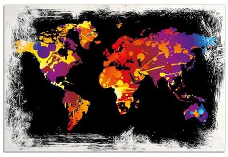 Wallario Wandbild aus Holz Weltkarte aus bunten Farbspritzern - 60 x 90 cm in Premium-Qualität: Brillante Farben