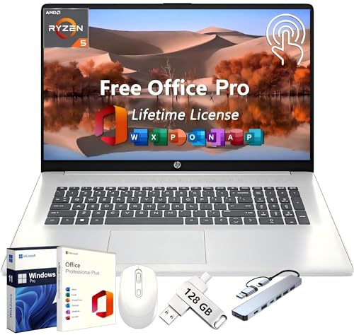 HP 17 Business Laptop, 17.3 HD+ Touchscreen, Office Pro Lifetime License, 64 GB RAM, 2 TB SSD, AMD Ryzen 5 7530U 6-Core CPU, AMD Radeon Graphics, HD Webcam, Wi-Fi 6, Windows 11 Pro, w/Accessories