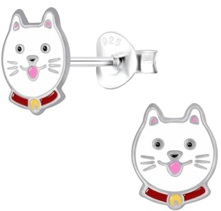 Monkimau Mädchen Ohrringe Katze | Ohrstecker aus 925 Sterling Silber | Kinderohrringe hypoallergen