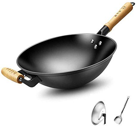 GAOAZHEN Hand-Made Cast Iron Wok, with Uncoated Non-Stick Pan, Old-Fashioned Gas Stove, Induction Cooker, Suitable for Cooking Wok,B,32cm