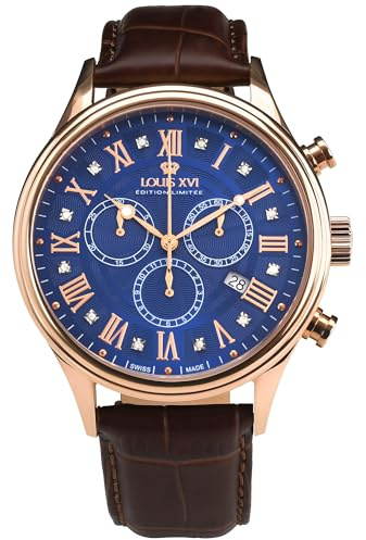 LOUIS XVI Danton 1502 - Ø 44 mm - Herren Uhr - Wasserdicht - Uhr Roségold mit Saphirglas - Armband Braun - Zifferblatt Blau Diamanten - Schweizer Quarzwerk