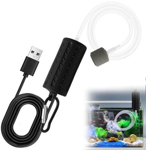 Aquarium Air Pump - Portable Mini USB Fish Tank Oxygen Air Pump 1W Ultra Silent Air Aerator Pumps Energy Saving Oxygen Bubbler with Air Stone and Single Outlet Silicone Tube and Carabiner