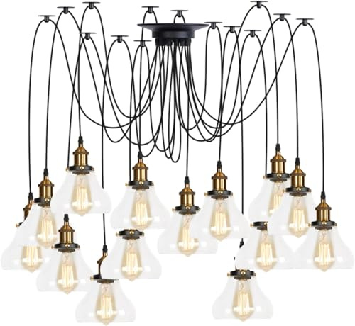 H3TF5J Hängeleuchte, verstellbar, mehrere Lampen, Messing, V-Intage, industriell, Lampenschirm aus transparentem Glas, zum Aufhängen, Deckenleuchte, 14 Lichter